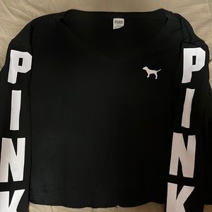 PINK M long sleeve crop top with white logo on both sleeves